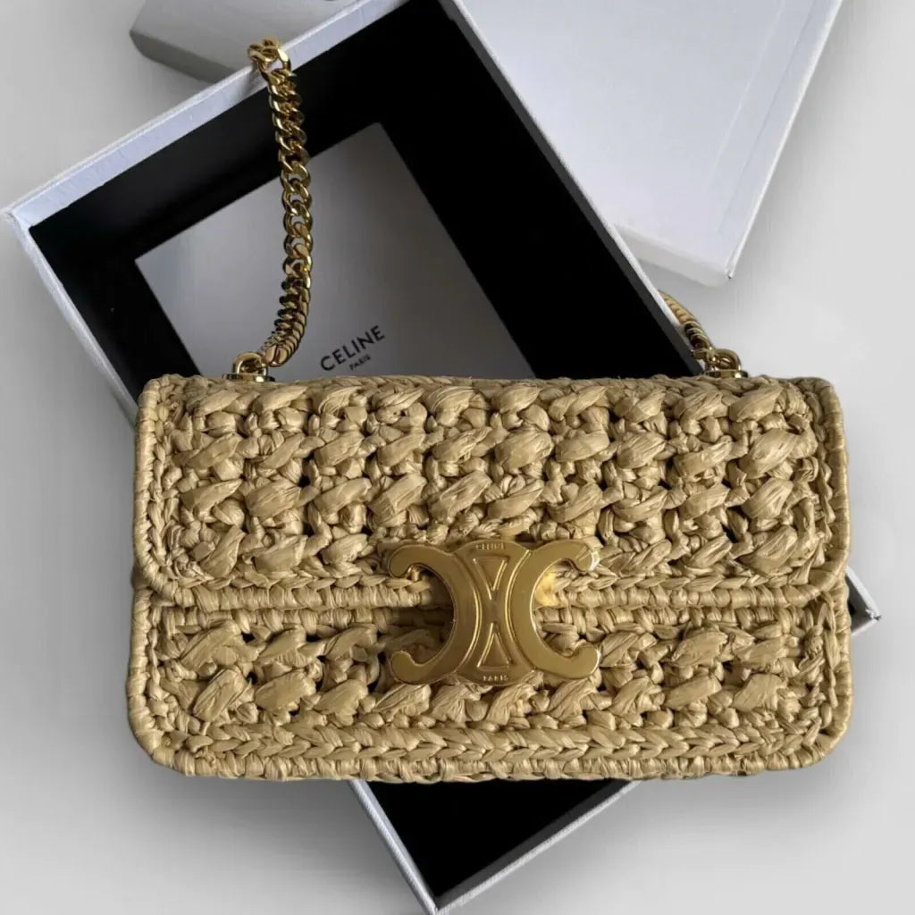 Celine - Bolso de hombro Claude con cadena, de rafia con efecto trenzado